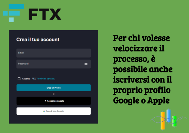La registrazione su FTX può essere ancora più pratica e veloce se si utilizza il proprio profilo Google o Apple