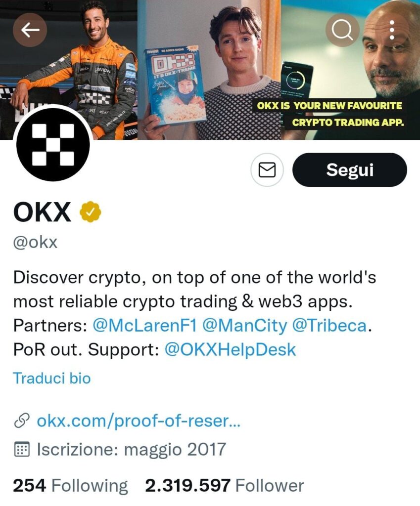 OKX ha più di 2 milioni di follower su Twitter