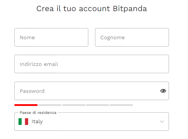 La schermata iniziale per aprire un account con Bitpanda